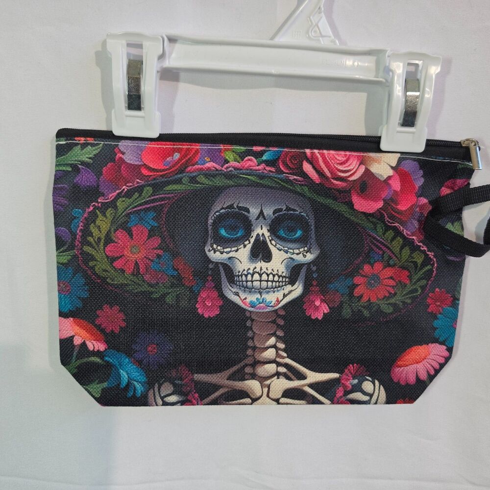 Dia de los Muertos Sugar Skull Makeup Bag Canvas Cosmetic Pouch Skeleton Clutch